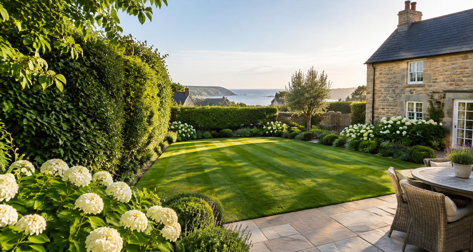 Illustrative garden with a fresh lawn and a Jersey-style granite home